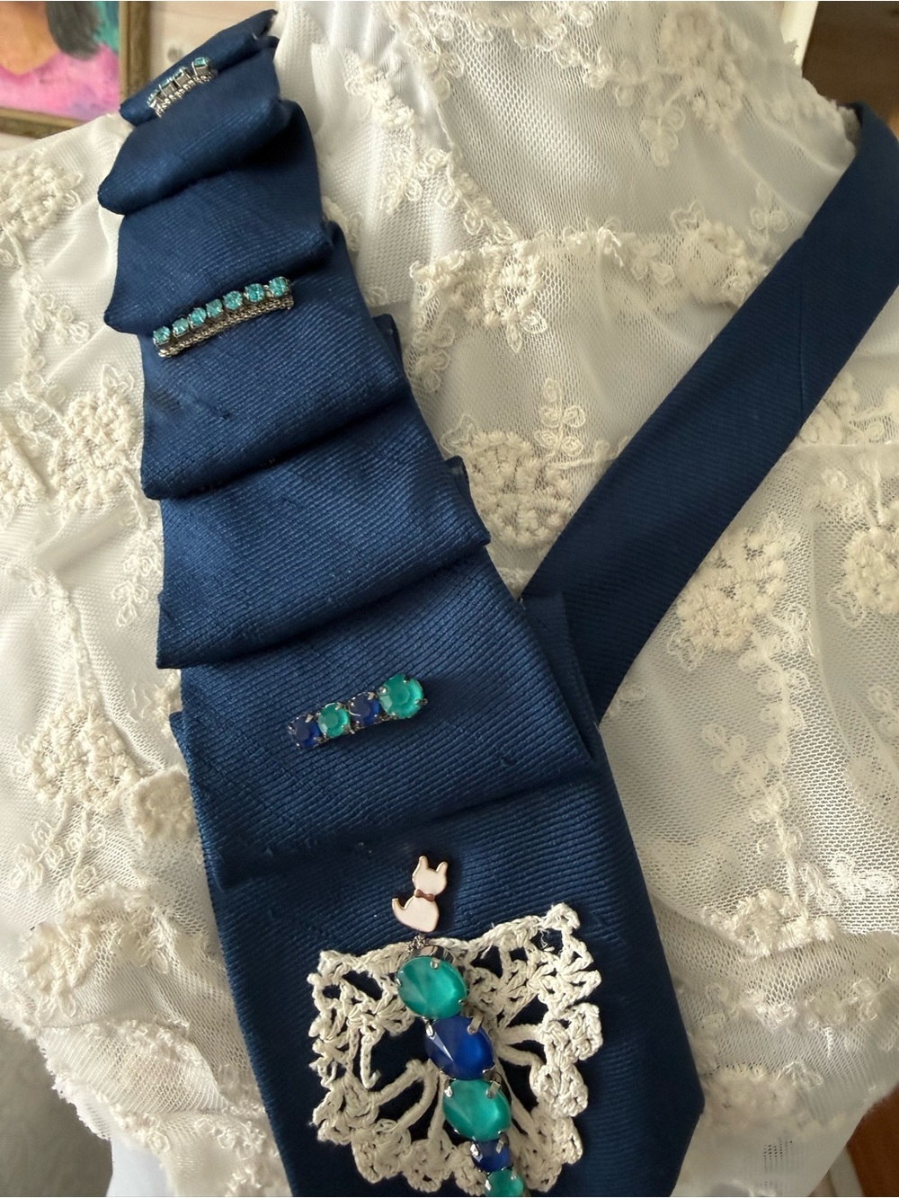 Upcycled Blue Ribbon Necktie with Lace and Jewel Embellishments - Picture 4 of 5